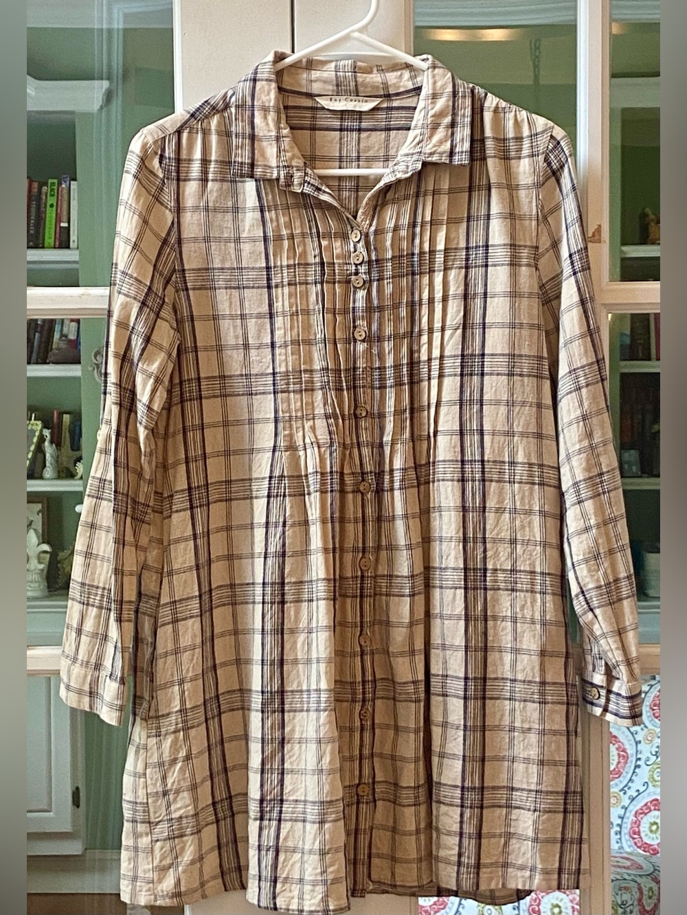 Ray Cassin Beige Navy Plaid Tunic Dress Pockets Linen Blend CPM72W31 M